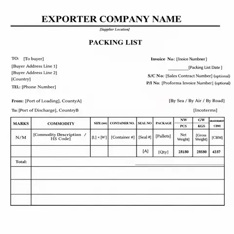 Sample Packing List with comprehensive weight and dimensional data